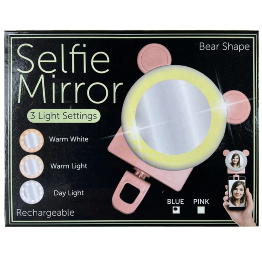 Teddy Phone Ring Light with Mirror - Pastel Pink